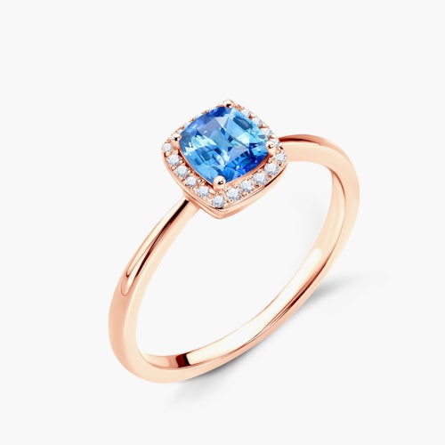 Pierścionek zaręczynowy SAVICKI: różowe złoto, niebieski szafir, diamenty